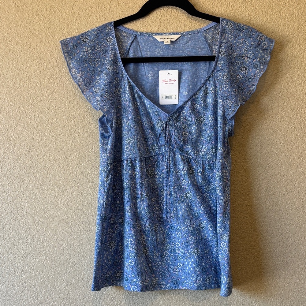 Lucky Brand Blue Floral V-Neck Blouse